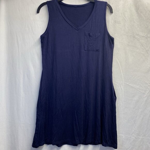 V-Neck Sleeveless Tank Dress Women Small Navy Side & Front Pockets Knee Length - Picture 1 of 10